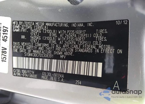 2013 Toyota Sienna Le V6 8 Passenger из США, поврежденный, VIN 5TDKK3DC7DS308391